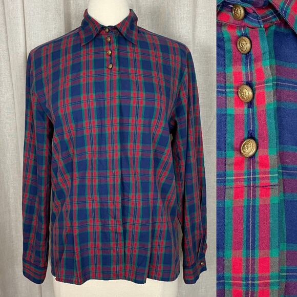 Vintage Blouse Womens Size 10 Red Blue Plaid Tartan Long Sleeve Henley Button - Picture 1 of 14